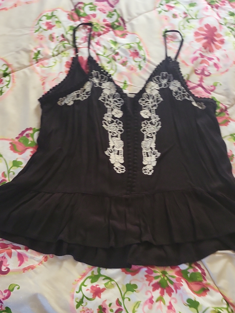 Black Lace-Trim Camisole Top with White Embroidery